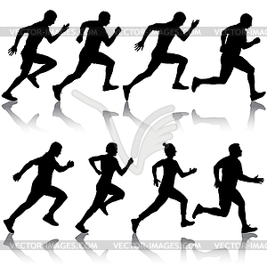 Set of silhouettes. Runners on sprint men and women - vector clipart