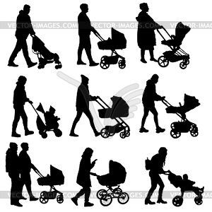 Set of silhouettes of parents and children on walk - vector image