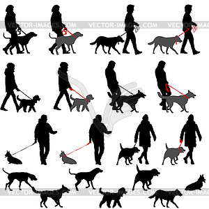 Set silhouette of people with dog for walk - vector clip art