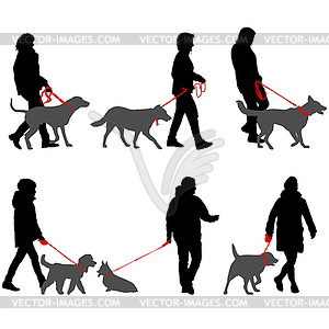 Set silhouette of people with dog for walk - vector clip art