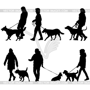 Set silhouette of people with dog for walk - vector clipart