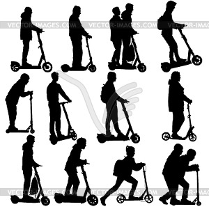 Set silhouette of people on electric scooter - vector clipart