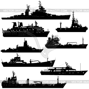 Установленный силуэт корабля, военного эсминца и - векторизованное изображение клипарта