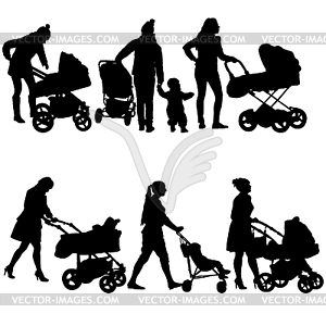 Множество силуэтов прогуливающихся матерей с детскими колясками - клипарт в векторном виде