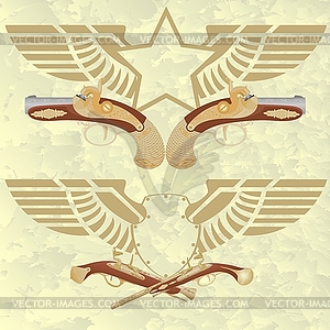 Badges with wings and ancient weapons - vector image