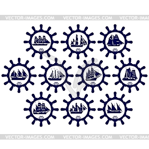 Sailing ships and steering wheel - vector image