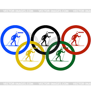 Biathlon and Olympic rings - vector image