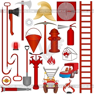 Fire equipment, tools and accessories - vector image