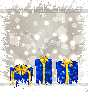 Christmas gift boxes on glowing background - vector clipart