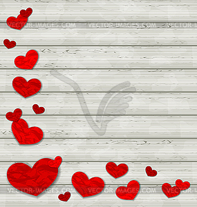 Set crumpled paper hearts on wooden background - vector clipart