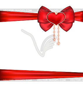 Red bow with heart and pearls for packing gift - royalty-free vector clipart