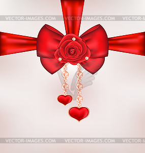 Red bow with rose, heart, pearls for card - vector clipart