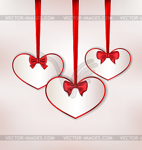 Set card heart shaped with silk bow for Valentine - color vector clipart