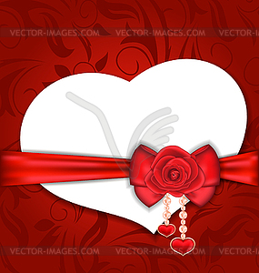 Card heart shaped with silk bow and red rose for - vector clipart