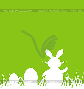 Cartoon green background with Easter rabbit and eggs - vector image