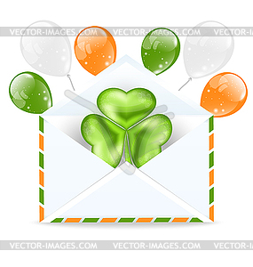 Envelope with clover and colorful ballons back - vector image