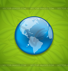 Planet Earth on green leaves texture - vector clipart