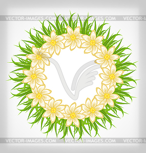 Spring freshness card with grass and flowers - vector image