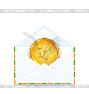 Envelope with golden coin for St. Patrick`s Day - vector image