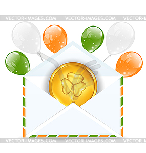 Envelope with golden coin and colorful balloons - vector clip art
