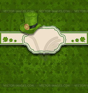 Greeting card with clovers and hat for St. Patrick` - vector clipart