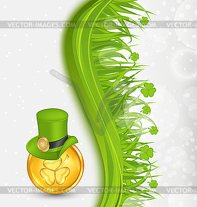 Natural background with coin, hat, shamrocks, grass - vector clipart