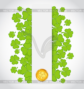 Celebration card with clovers and golden coins for - vector image