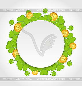 Поздравительная открытка с трилистники и золотыми монетами, - рисунок в векторе