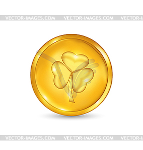 Golden coin with three leaves clover. St. - vector image