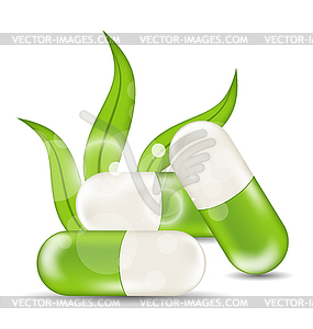 Natural medical pills with green leaves, - vector clipart