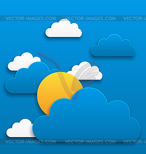 Paper sun with clouds, abstract summer background - vector clipart