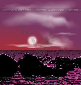 Outdoor background, sea stones during night - vector image