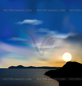 Nature background, sea, mountain, sun, sky during - vector image