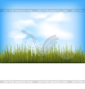 Summer background with green grass, blue sky, clouds - vector clipart
