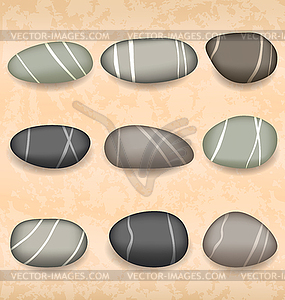 Sea pebbles collection on sand background - stock vector clipart