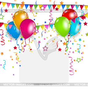 Celebration card with balloons, confetti and hangin - vector clipart