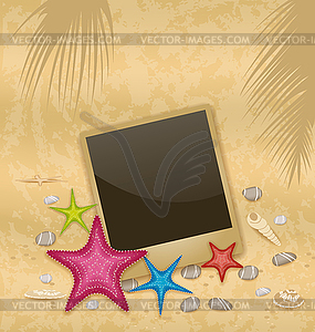 Vintage background with photo frame, starfishes, - vector clipart / vector image