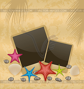 Sand background with photo frames, starfishes, - vector image