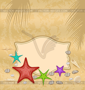 Vintage greeting card with shells and starfishes an - vector image