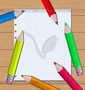 Colorful pencils on paper sheet background - vector image