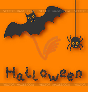 Cartoon bat and spider on orange background - vector clipart