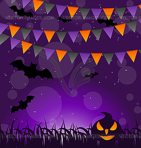 Halloween background with pumpkins and hanging flags - stock vector clipart