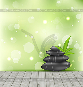 Zen stones on wood texture, meditative oriental - vector image