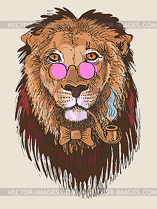 Artwork of hipster lion smoking tube in pink - vector image