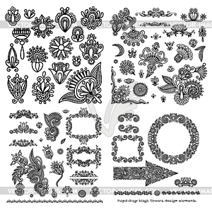 Black line art ornate flower design collection, - vector clipart