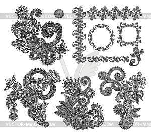 Black line art ornate flower design collection, - vector clip art