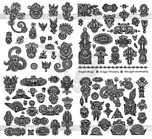 Black line art ornate flower design collection, - royalty-free vector clipart