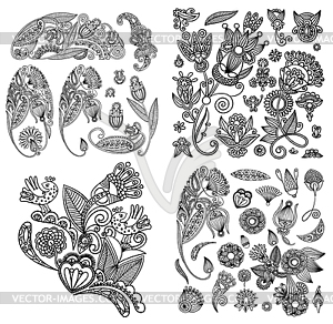 Black line art ornate flower design collection, - vector image