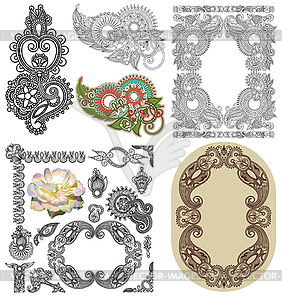 Set of calligraphic design vintage frame and flower - vector clipart
