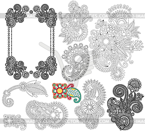 Black line art ornate flower design collection, - vector clipart